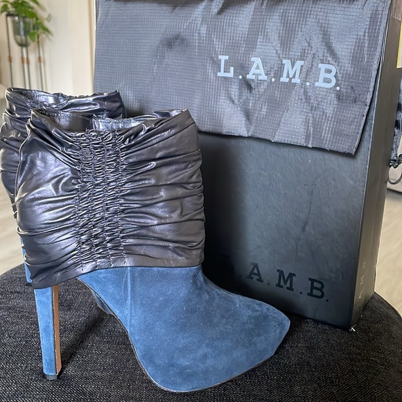 Lamb Navy Blue Suede Ankle Boots-7 1/2 M-“Puffy”-1” Platform w/5” heel - Picture 2 of 8